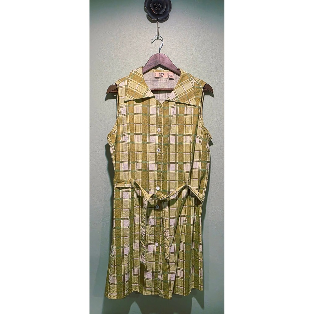 *Rescue Animal Fundraiser*MG Women Green Plaid Linen Sleeveless Belted Dress 1X